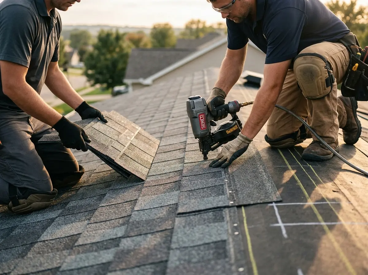 Professional roofer working on a residential roof in Westwood Lakes